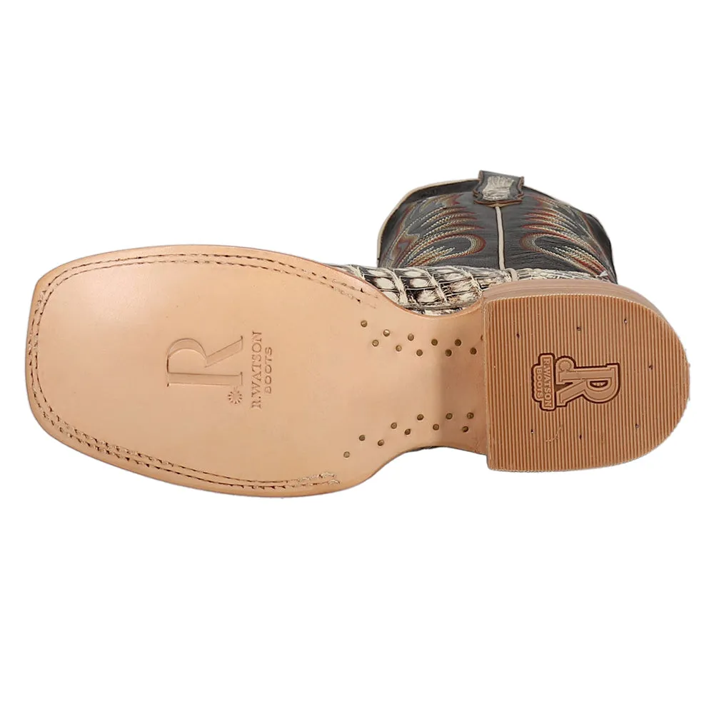 Caiman Tail Embroidered Square Toe Pull On Cowboy Boots