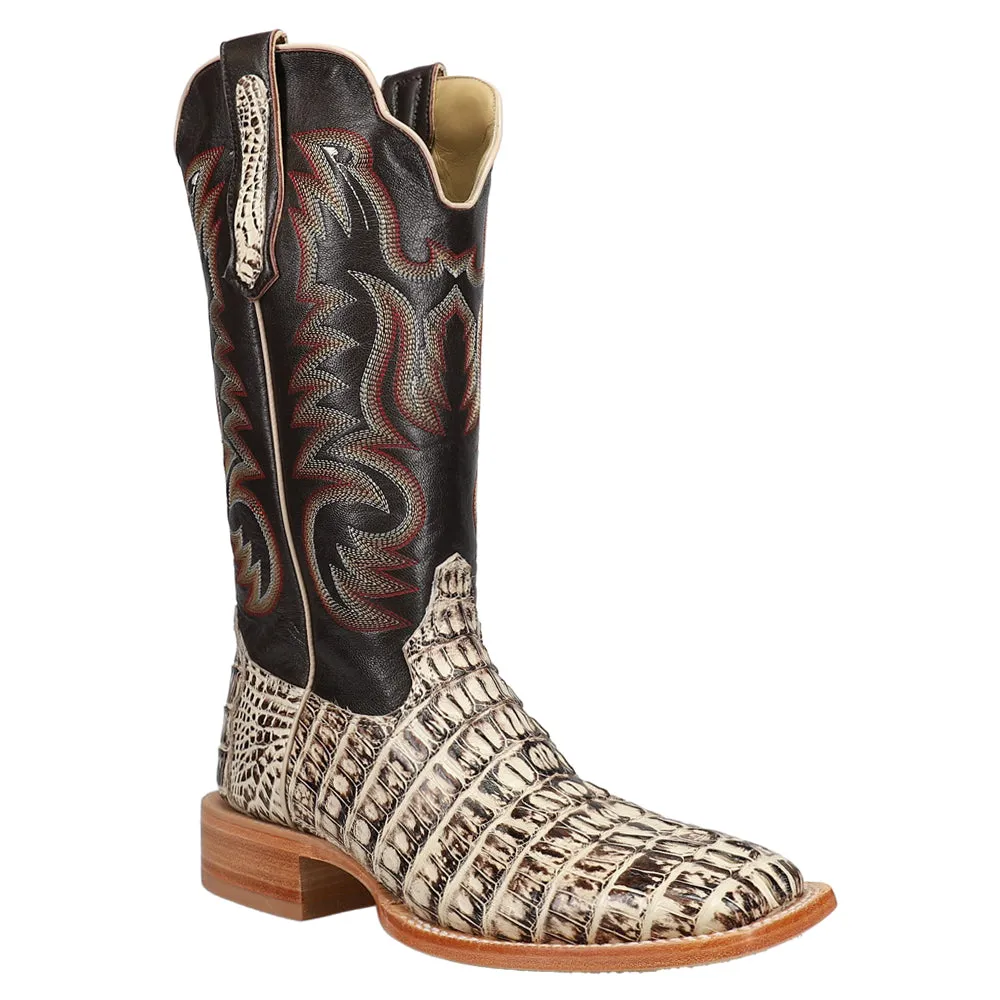 Caiman Tail Embroidered Square Toe Pull On Cowboy Boots