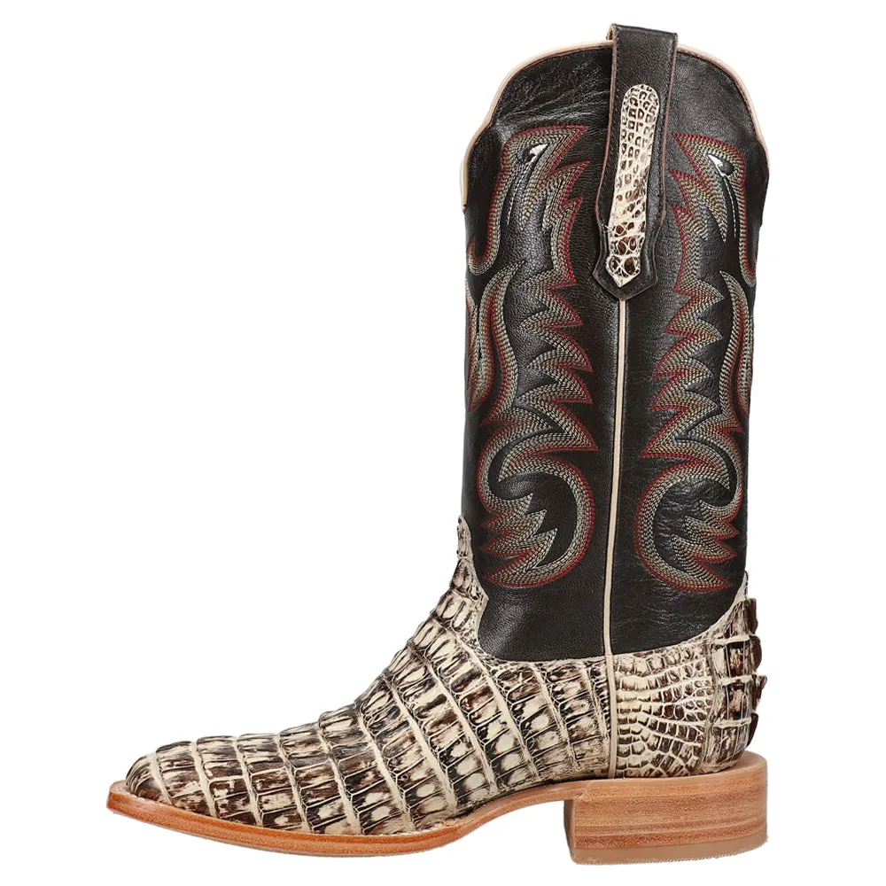 Caiman Tail Embroidered Square Toe Pull On Cowboy Boots