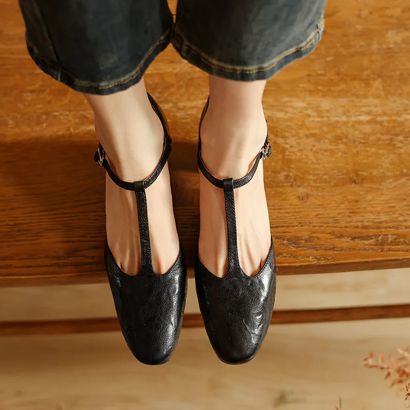 Pointy Toe Block Heels Leather T-Strap Mary Jane Shoes