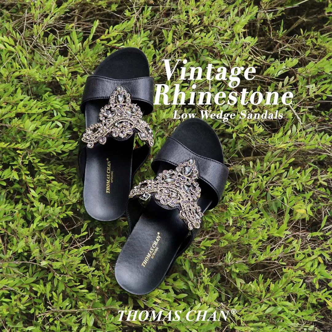 Vintage Rhinestone Low Wedge Sandals 2" inch [Arch-legance Series]
