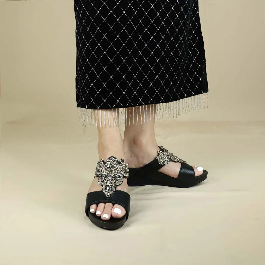 Vintage Rhinestone Low Wedge Sandals 2" inch [Arch-legance Series]