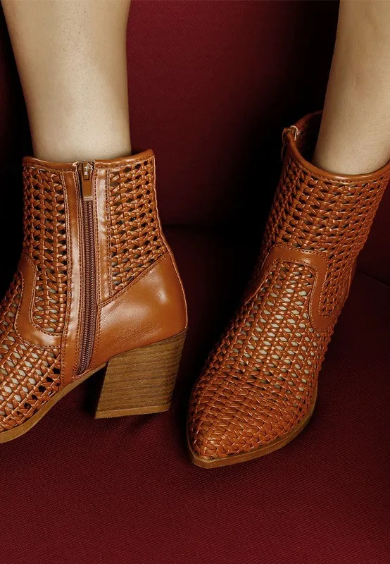 Woven Vegan Leather Block Heel Boots