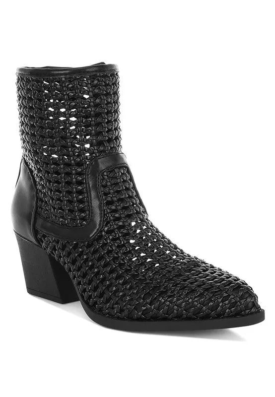 Woven Vegan Leather Block Heel Boots