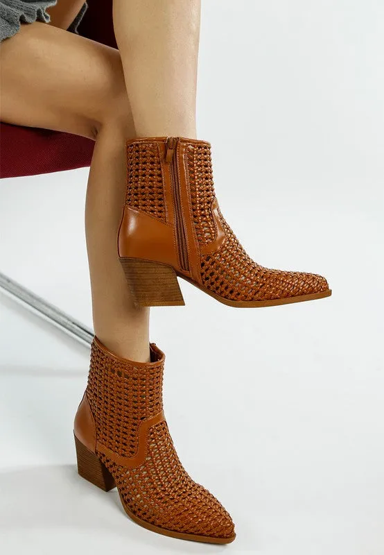 Woven Vegan Leather Block Heel Boots