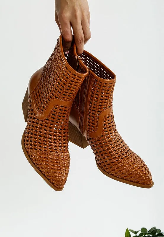 Woven Vegan Leather Block Heel Boots