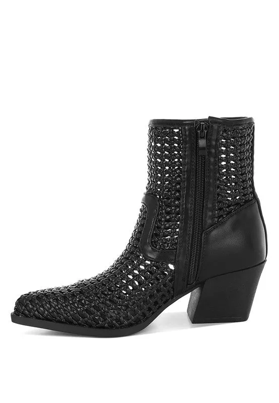 Woven Vegan Leather Block Heel Boots