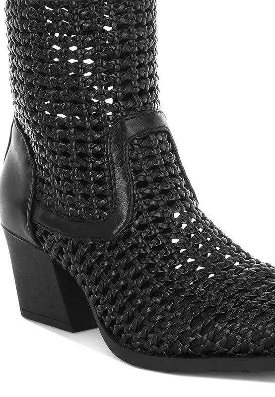 Woven Vegan Leather Block Heel Boots