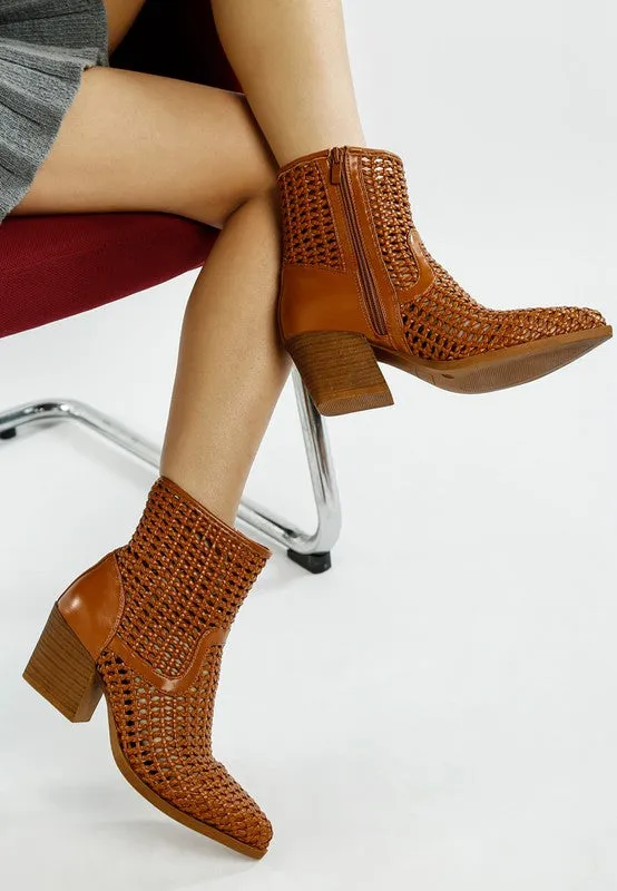 Woven Vegan Leather Block Heel Boots